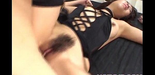 Tsubasa Okina naughty Asian milf in black sucks two fat cocks and gets her pussy banged hard in nast